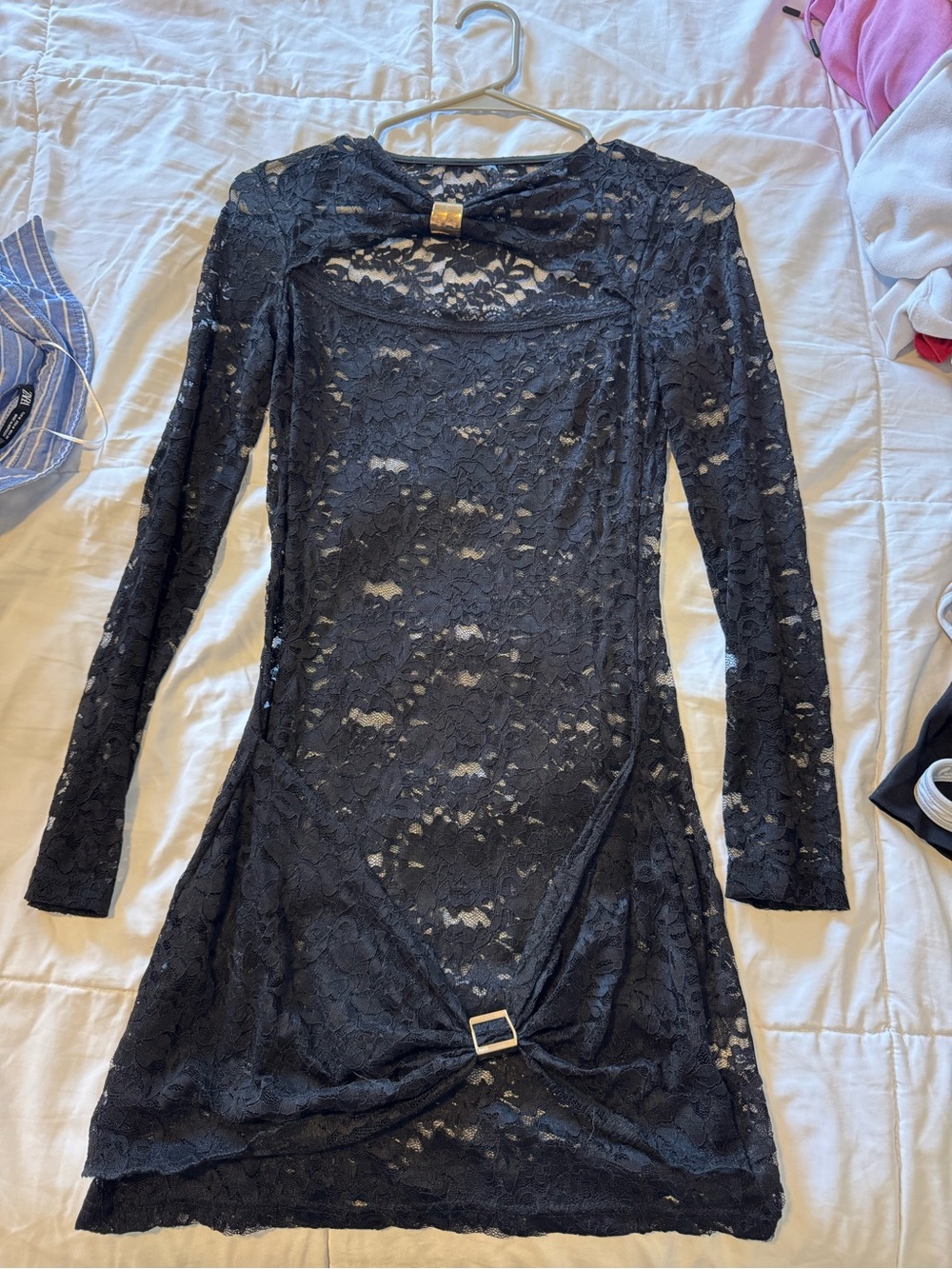 Black Lace Long-Sleeve Bow Accent Dress